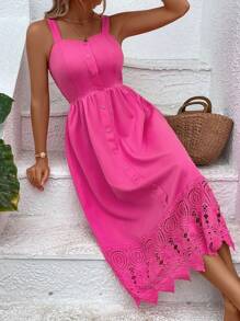 Breezaya Guipure Lace Panel Button Front Cami Dress - Hot Pink - View 6