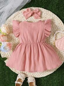 SHEIN Vestido Con Botones Delanteros Y Detalles De Volantes Para Bebé Niña Con Cinta Para La Cabeza - Rosa vieja - Ver 2