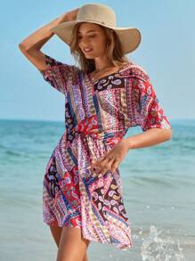 SHEIN Swim Summer Beach Scarf Print Cover Up - Multicolor - View 4