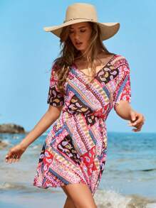 SHEIN Swim Summer Beach Scarf Print Cover Up - Multicolor - View 5