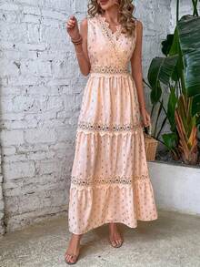 SHEIN VCAY Gold Dot Print Guipure Lace Insert Ruffle Hem Dress - Coral Pink - View 5