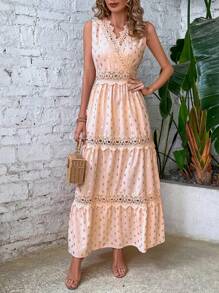 SHEIN VCAY Gold Dot Print Guipure Lace Insert Ruffle Hem Dress - Coral Pink - View 6