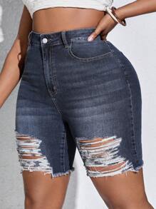 SHEIN SXY Eenkleurig Grote maat: jeansshort Zak Ruwe hem Gescheurd