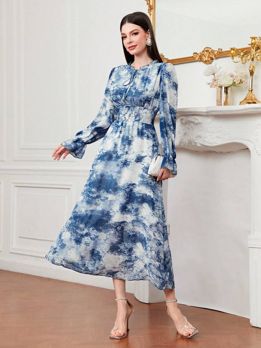 Modelyn 紮染荷葉袖腰部打褶洋裝 - 藍色 - 查看 1