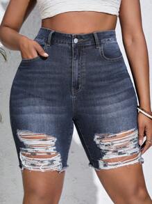 SHEIN SXY Eenkleurig Grote maat: jeansshort Zak Ruwe hem Gescheurd