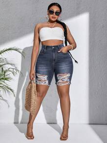 SHEIN SXY Eenkleurig Grote maat: jeansshort Zak Ruwe hem Gescheurd