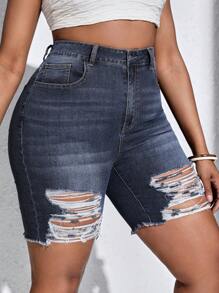 SHEIN SXY Eenkleurig Grote maat: jeansshort Zak Ruwe hem Gescheurd