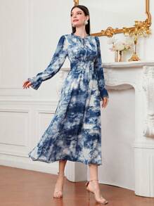Modelyn 紮染荷葉袖腰部打褶洋裝 - 藍色 - 查看 5