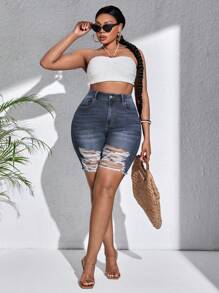 SHEIN SXY Eenkleurig Grote maat: jeansshort Zak Ruwe hem Gescheurd
