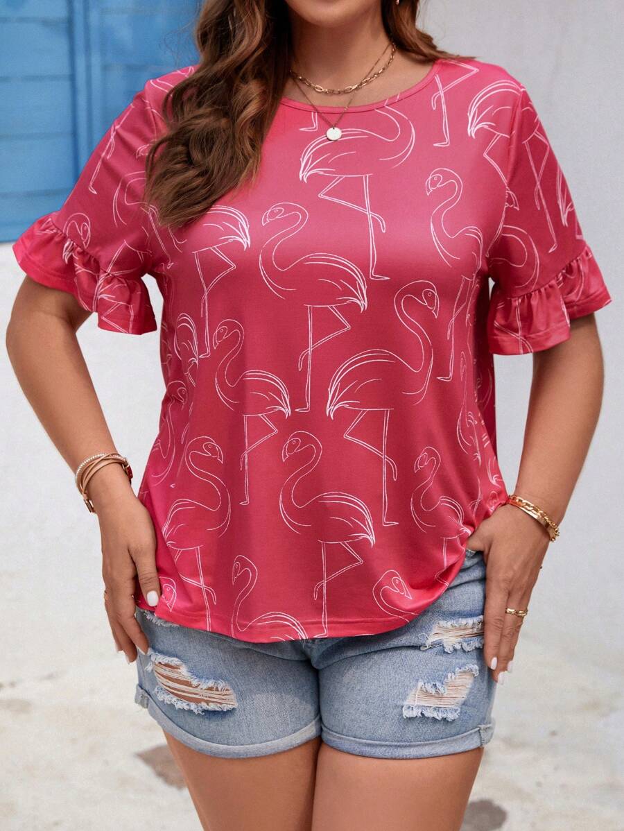 SHEIN LUNE Plus Flamingo Print Flounce Sleeve Tee - Pink - View 1