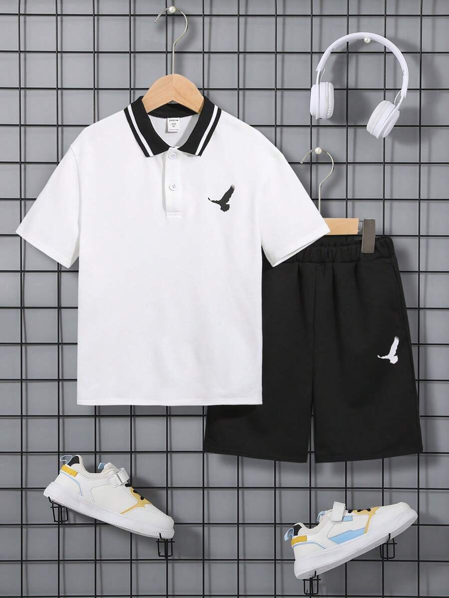 SHEIN 男孩老鷹印花拼接領POLO衫和短褲 - 黑與白 - 查看 1
