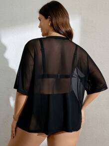 SHEIN Swim Curve Cover up unicolor de malla transparente - Negro - Ver 3