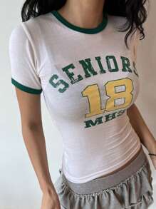 DAZY Đồ họa Chữ cái Tương phản ràng buộc Crop Ringer Tee - trắng - Xem 3