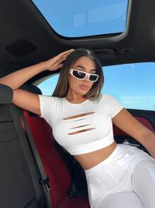 SHEIN SXY Áo thun nữ Bị tách màu trơn Giải trí - trắng - Xem 3