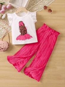 SHEIN 女孩肖像風格度假可愛短袖圓領上衣荷葉邊下擺短褲套裝夏季 - 彩色 - 查看 1