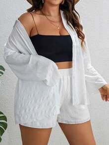 SHEIN VCAY 大碼落肩袖襯衫和短褲 - 白色 - 查看 4