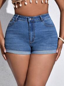 大碼高腰卷邊牛仔短褲 - 藍色 - 查看 3