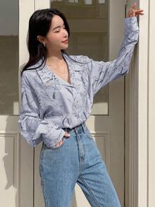 DAZY Camisa de manga larga con estampado floral y hombros caídos - Azul - Ver 4