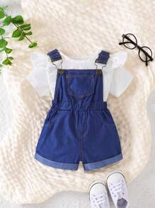 Baby Girl Ruffle Trim Top & Roll Up Hem Overall Romper Set - Blue and White - View 1