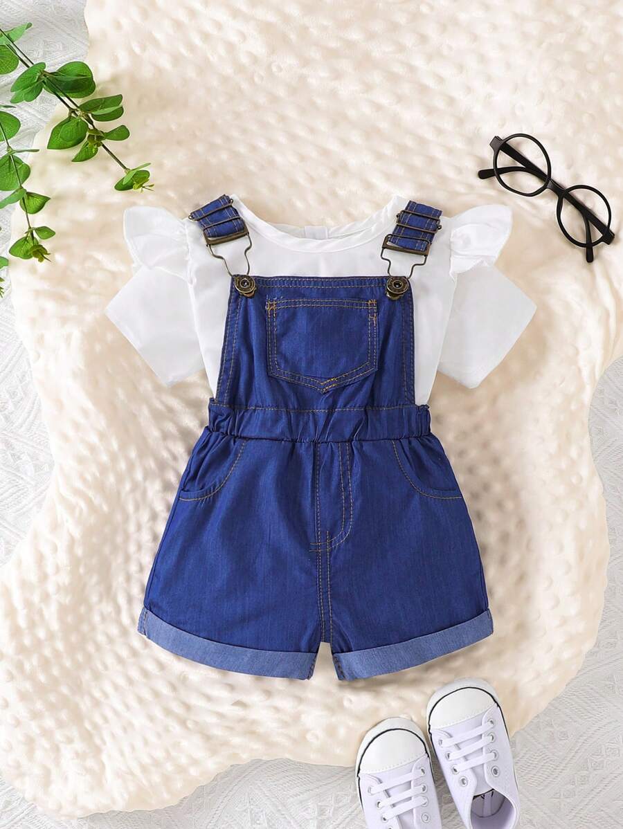 Baby Girl Ruffle Trim Top & Roll Up Hem Overall Romper Set - Blue and White - View 1
