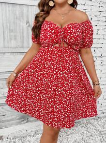 Breezaya Plus Ditsy Floral Print Off Shoulder Cut Out Drawstring Front Dress For New Year Clothes - Red - View 4