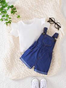 Baby Girl Ruffle Trim Top & Roll Up Hem Overall Romper Set - Blue and White - View 3