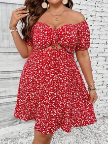 Breezaya Plus Ditsy Floral Print Off Shoulder Cut Out Drawstring Front Dress For New Year Clothes - Red - View 5