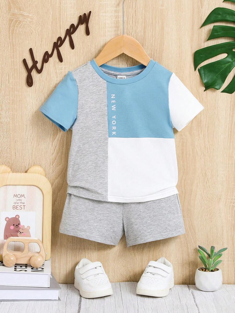 SHEIN Đứa bé trai Đồ họa Chữ cái Khối màu Áo thun & quần đùi - Màu xanh lam - Xem 1