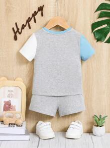 SHEIN Đứa bé trai Đồ họa Chữ cái Khối màu Áo thun & quần đùi - Màu xanh lam - Xem 2