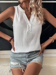 SHEIN LUNE Solid Half Button Sleeveless Blouse - White - View 3