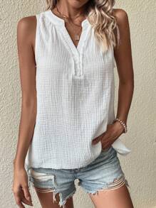 SHEIN LUNE Solid Half Button Sleeveless Blouse - White - View 1