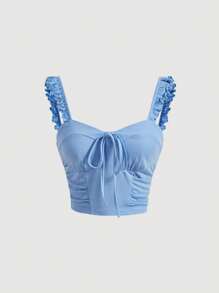 SHEIN MOD Frill Trim Tie Front Wide Straps Top - Baby Blue - View 1