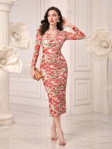 Modelyn 優雅褶邊 開衩 拉鍊花卉印花 全身印花女士連衣裙 - 彩色 - 查看 1
