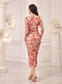 Modelyn 優雅褶邊 開衩 拉鍊花卉印花 全身印花女士連衣裙 - 彩色 - 查看 2