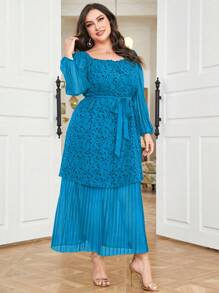 Mulvari Đầm Plus Size Thắt lưng Tương phản Mesh Xếp li Thực vật Thanh lịch - Màu xanh lam - Xem 4