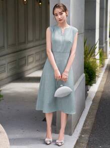 DAZY 全色系陣容,短袖剪線 A-line 輕盈洋裝 - 藍色 - 查看 13