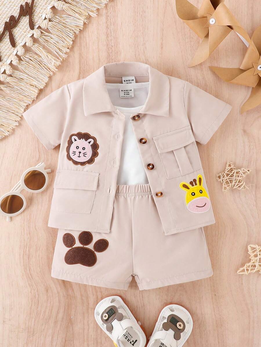 男嬰卡通圖案翻蓋口袋襯衫和短褲 - 卡其色 - 查看 1