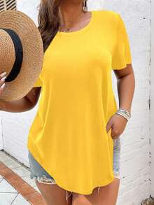 SHEIN LUNE Plus Solid Curved Hem Tee - Yellow - View 4