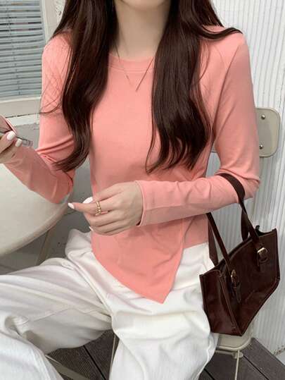 素色扭結細節不對稱下擺T恤