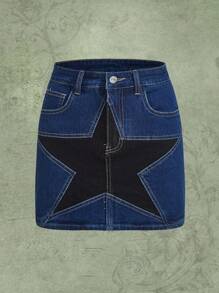 ROMWE Fairycore Colorblock Star Pattern Denim Skirt - Multicolor - View 1