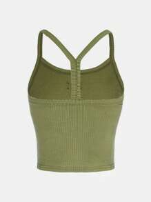 SHEIN Tank Tops & Camis Bé Gái Pha lê kim cương Gân đan Đắp vá Lá thư Giải trí - Màu xanh Ô liu - Xem 2