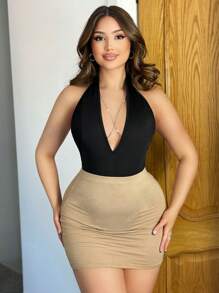 SHEIN SXY Summer Solid Halter Neck Backless Bodysuit