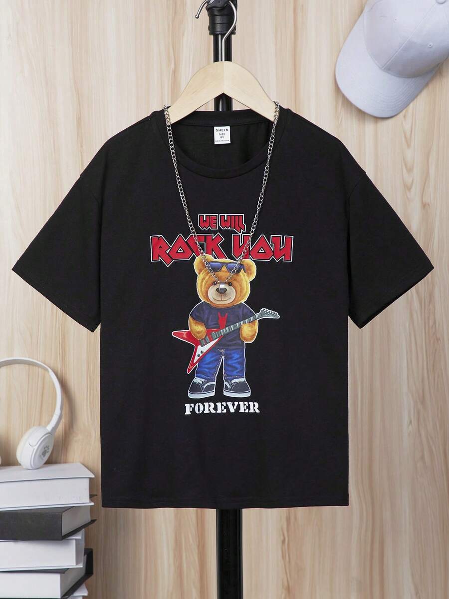 SHEIN 男孩熊和標語圖案T恤無項鏈