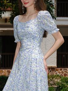 碎花泡泡袖連衣裙 - 藍色 - 查看 6