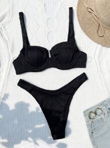 Swim Vcay Solid Underwire Bikini Set For Summer Beach