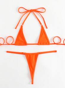 Swim SXY Summer Beach Plain Halter Triangle Bikini Set, Bathing Suit - Orange - View 4