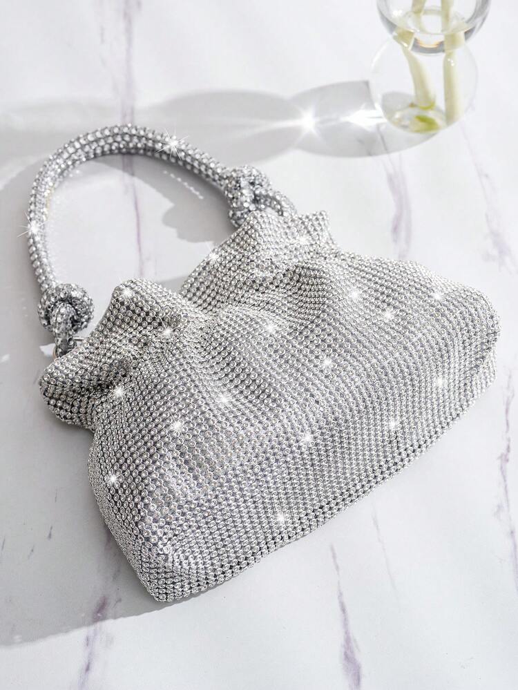 Glamoroso brillante, lentejuelas, lujo, brillante bolso de noche pequeño con decoraciónación de diamantes de imitación, asa superior con imán, bolso de novia perfecto para bodas, bailes y eventos de fiesta para fiestera, mujer - Plateado - Añade 8