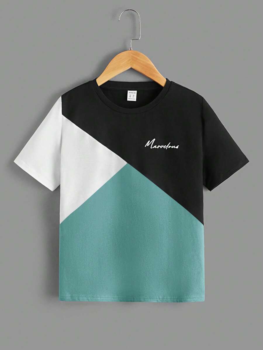 SHEIN Boys Letter Graphic Colorblock Tee - Mint Green - View 1