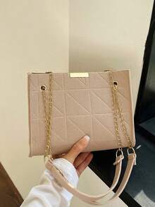 Small Square Bag Quilted Detail Polyester Chain - Khaki - View 1