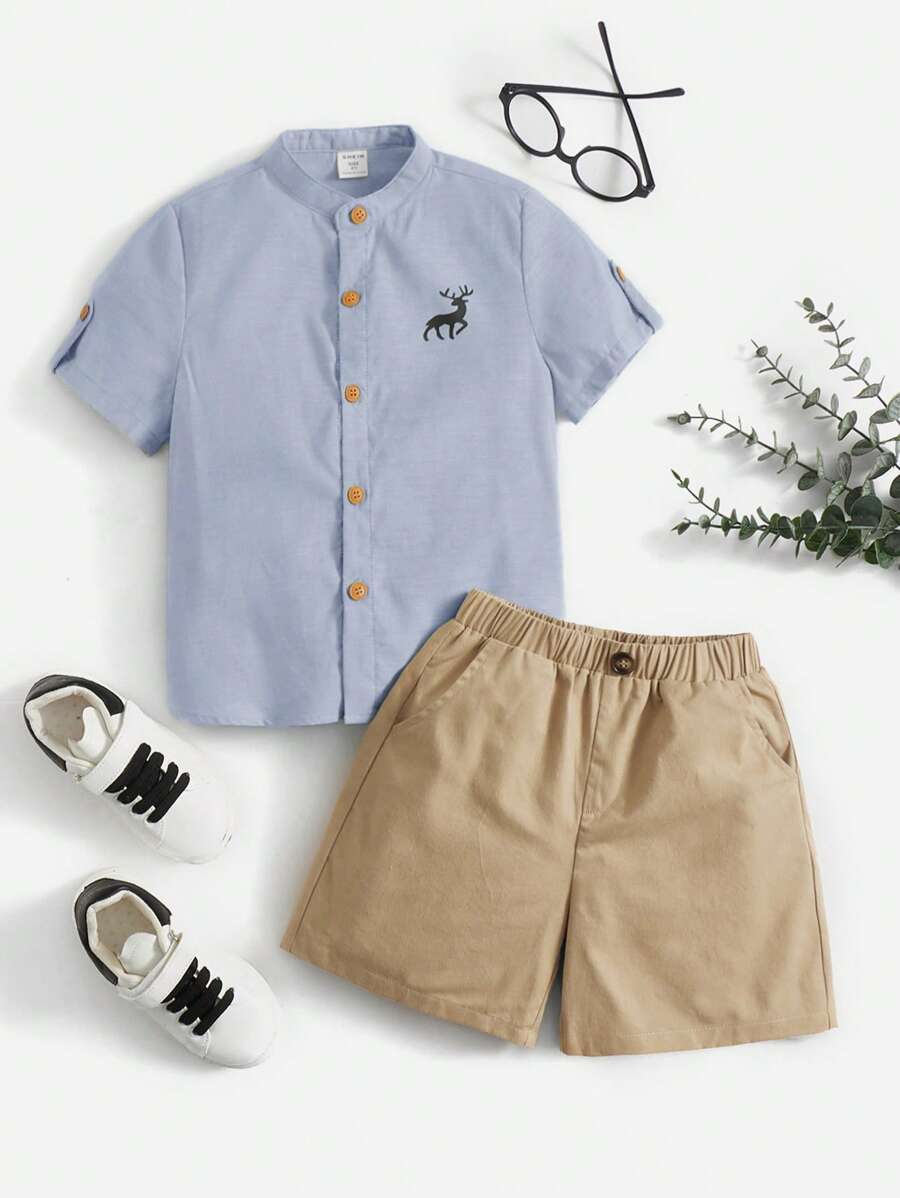 SHEIN Leap Crew Young Boy Deer Print Roll Tab Sleeve Shirt & Shorts - Multicolor - View 1